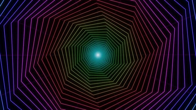 Abstract futuristic neon geometric tunnel background with glowing colorful polygon lines receding into infinity