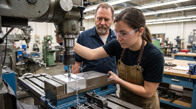 Female apprentice working on milling machine with senior instructor in machine shop. Concept of machinist, metalworking, manufacturing, vocational training, trade school, metal fabrication.