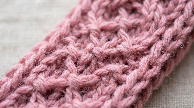 Close up of a textured pink knitted fabric with a detailed pattern