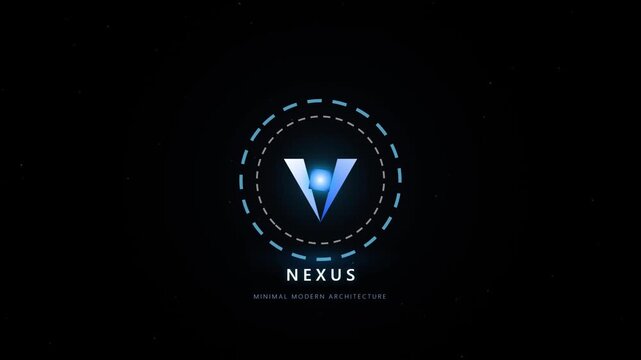 Futuristic glowing letter V logo inside abstract circular technological HUD ring on black dark background