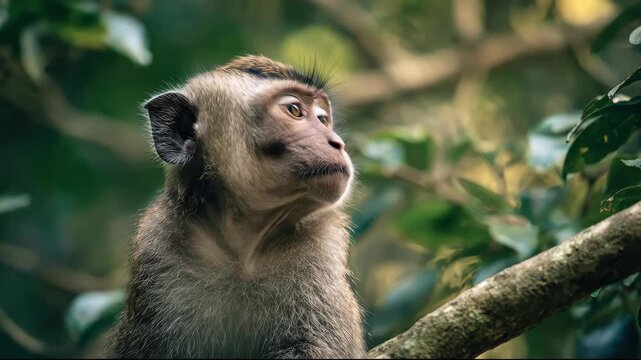 Portrait of a wild macaque monkey sitting on a tree branch in a lush tropical forest.