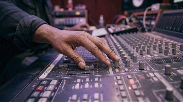 Sound engineer adjusting faders on audio mixing console in music studio
