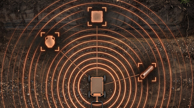 Ground penetrating radar scanning soil for buried artifacts, archaeological robotic detection system, subsurface scanning technology