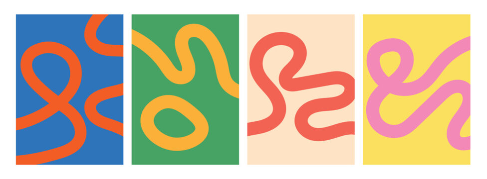 Set of four abstract art posters with minimalist curved lines, colorful retro aesthetic shapes, modern bohemian wall decor vector illustration