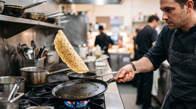 Chef skillfully flips a crepe in a busy restaurant kitchen over a gas stove with other chefs in the background