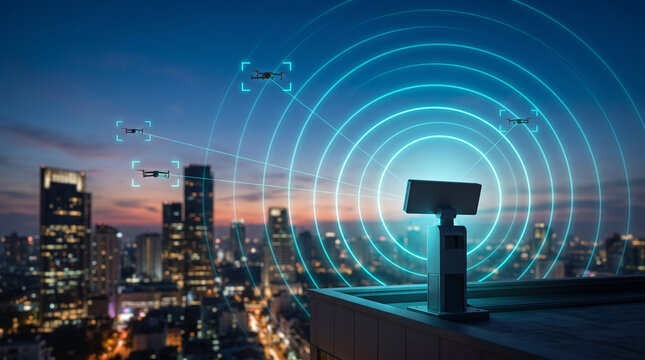 Radar system detecting drones over city skyline, smart city security surveillance technology, wireless signal waves tracking quadcopters at night