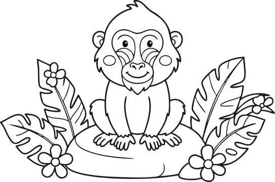 Charming little baby monkey sitting on a rock surrounded by tropical leaves and flowers in a black and white outline coloring page vector illustration