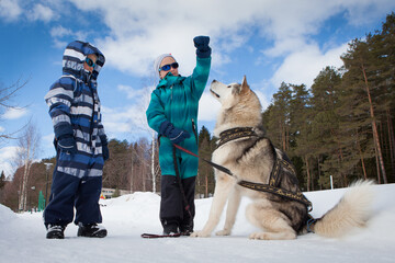 Two children playing with a Siberian husky in a snowy winter landscape © Viacheslav Zhukov