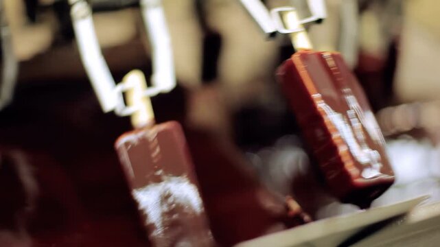 Chocolate coated popsicles moving conveyor close up. Food production line plant.