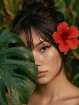 Freckled woman with hibiscus flower behind monstera leaf