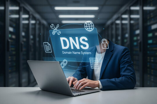 A businessman using a laptop in a server room with a holographic interface displaying dns domain name system and network connectivity