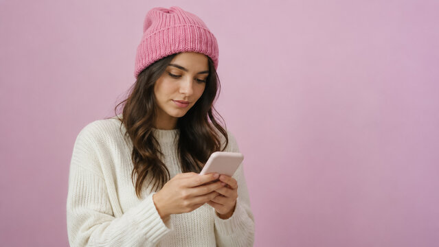 Young woman in pink beanie and sweater using mobile phone against pink background. Concept of smartphone, texting, social media. Copy space.