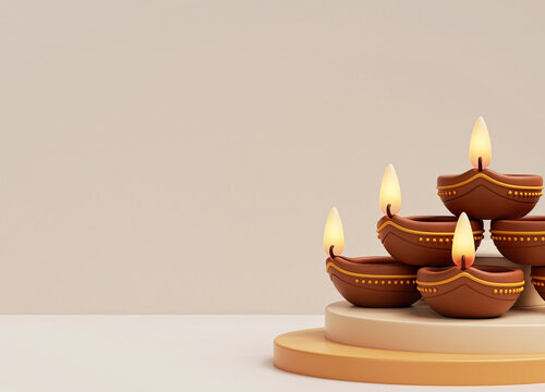 Diwali Diyas on Pedestal - Traditional Clay Oil Lamps With Glowing Flames for Festival Celebration