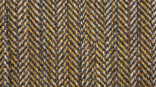 Classic herringbone tweed fabric texture, brown and yellow wool textile background, vintage fashion material close-up