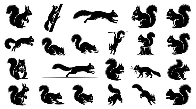 Collection of black silhouettes of squirrels in various poses and actions with squirrel squirrels silhouette wildlife isolated