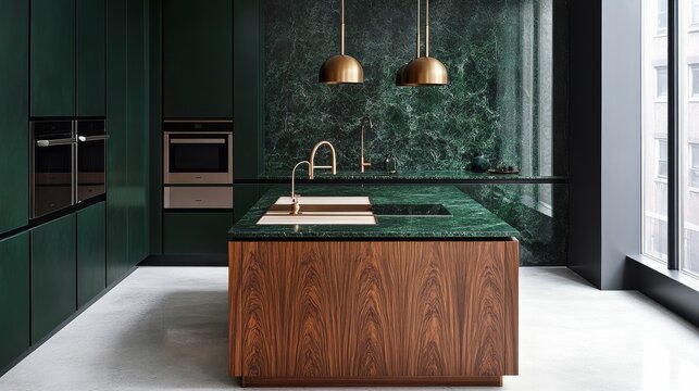 Elegant High End Kitchen Showing Premium kitchen with dark green marble walls walnut island br