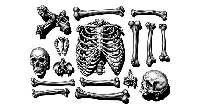 A collection of human skeletal bones and skulls arranged on a white background surface