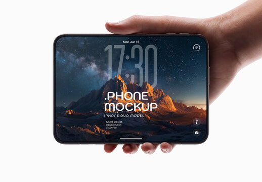 Landscape Screen Opened iPhone Duo Mockup On Editable Background