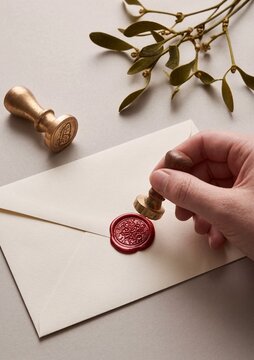 Hand sealing an envelope with a red wax stamp on a neutral background  