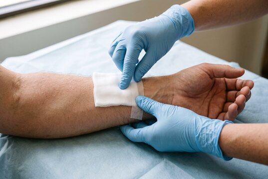 Medical professional applying a bandage on an injured arm  