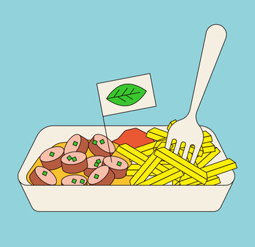 Vegan Currywurst with French Fries in a Cardboard Food Tray