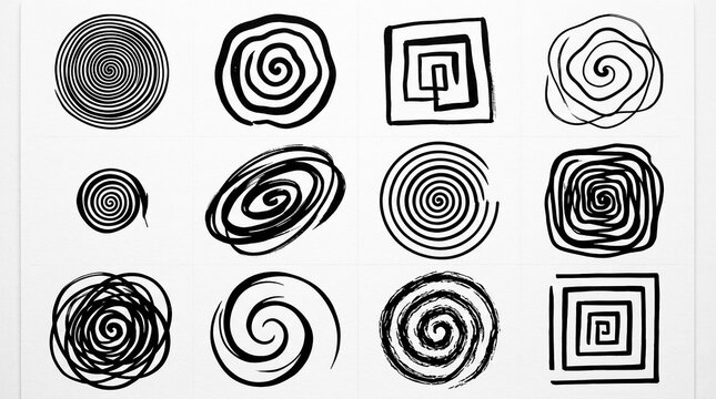 Set of black hand drawn spiral and geometric shapes on white paper with geometric handdrawn abstract illustration creative