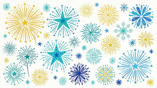 Colorful watercolor style firework bursts and star shapes on white background with fireworks celebration watercolor colorful