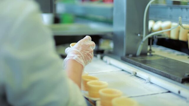Worker stacking wafer cups conveyor. Close up gloved hands ice cream factory.