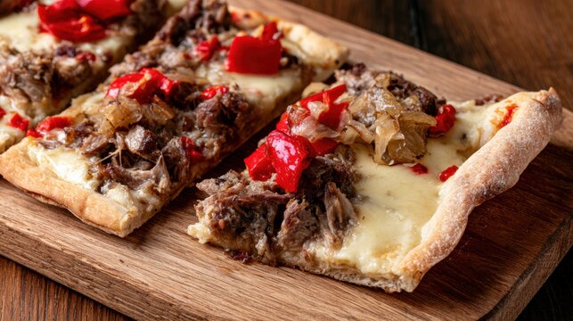 Pulled pork flatbread slices with melted cheese, roasted peppers and onions on wooden board, rustic appetizer and comfort food concept