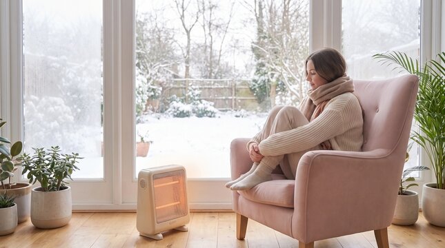 Young woman warming her hands near an electric heater in a cozy room interior sitting in an armchair by the panoramic window with winter snow view.