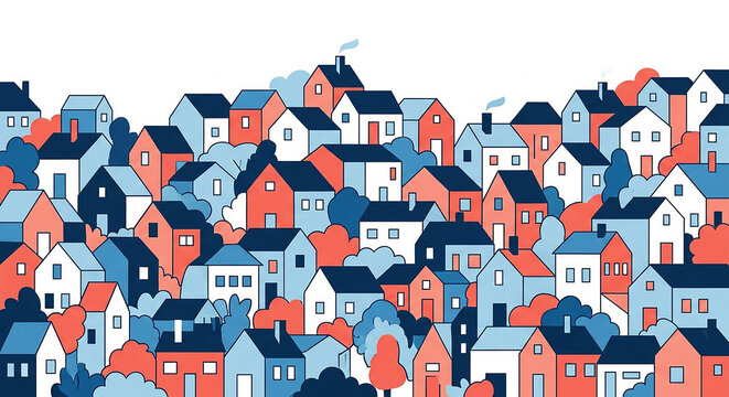 Colorful neighborhood scene with many houses clustered together in a flat illustration style neighborhood residential community