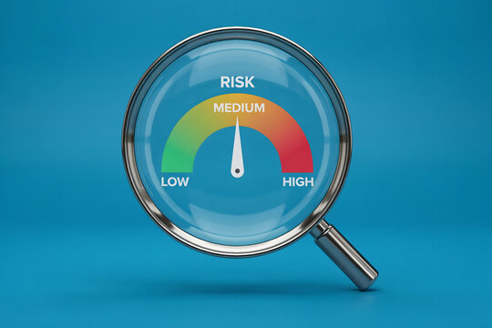 A magnifying glass focused on a circular risk gauge with the needle pointing to the medium level against a solid bright blue background, surface area