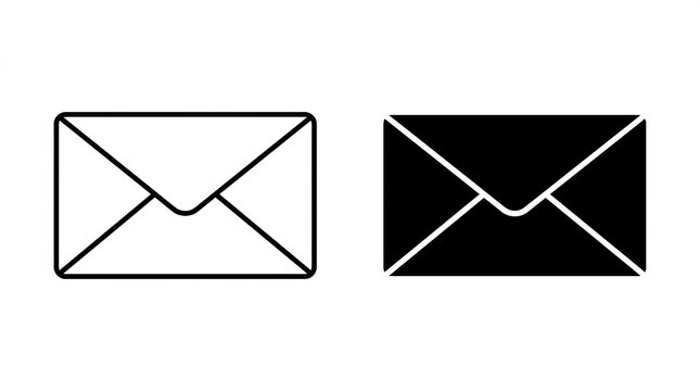 Two mail envelope icons featuring an outlined style and a solid black silhouette style envelope communication correspondence