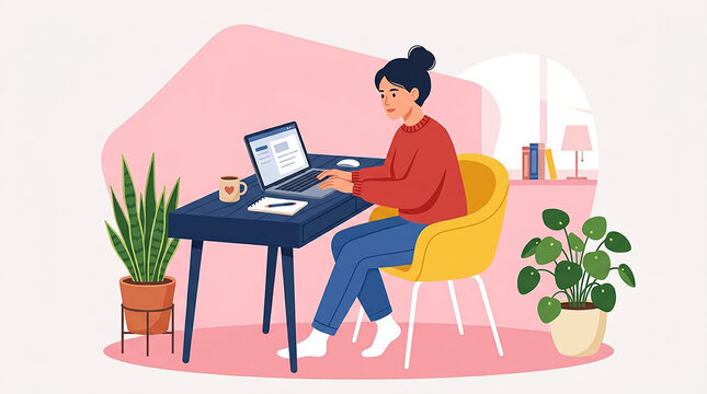 Woman working remotely on a laptop at a desk in a cozy home office interior with computer freelance business technology
