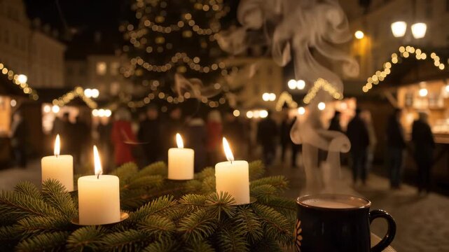 Advent wreath with four burning candles and steaming beverage mug, glowing festive christmas market square at night background, decorative evergreen pine branches illumination.