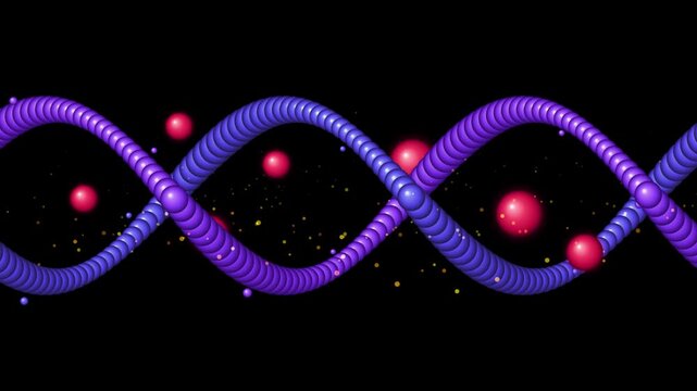 A vibrant digital double helix DNA strand floating in a dark space filled with glowing particles.