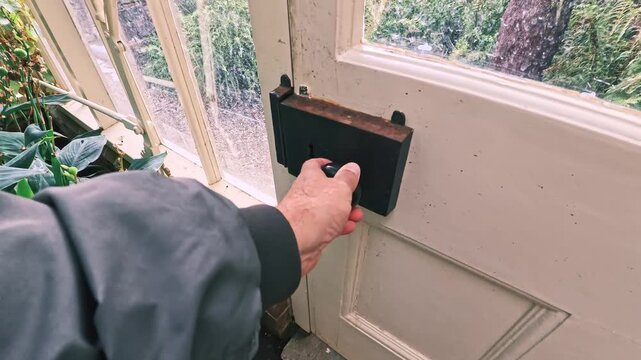 POV footage of a person unlatching a white wooden glass door and walking backward through a lush victorian greenhouse filled with exotic tropical plants, large green foliage, and red flowers.
