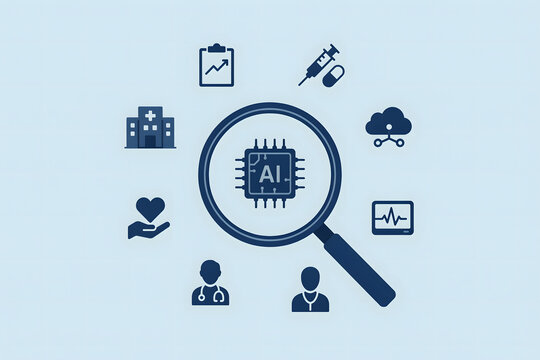 A magnifying glass over an ai chip surrounded by medical including a hospital, heart, doctor, syringe, and cloud on a light background
