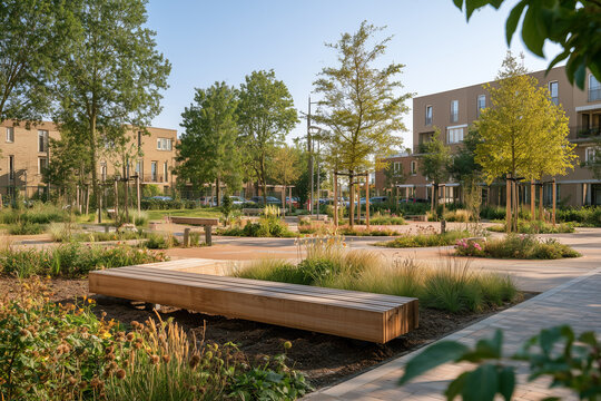 Green public space with benches and mature trees in a modern residential neighborhood. landscaped urban residential environment with pedestrian paths, wooden benches, mature street trees, flowering ve