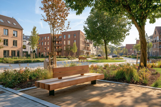 Green public space with benches and mature trees in a modern residential neighborhood. landscaped urban residential environment with pedestrian paths, wooden benches, mature street trees, flowering ve