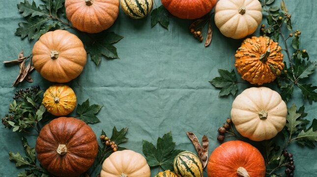 A beautiful thanksgiving wreath of pumpkins and autumn foliage a festive and welcoming display