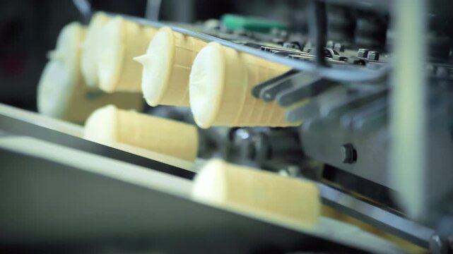 Ice cream cones dropping production line. Closeup white wafer cups dairy plant.