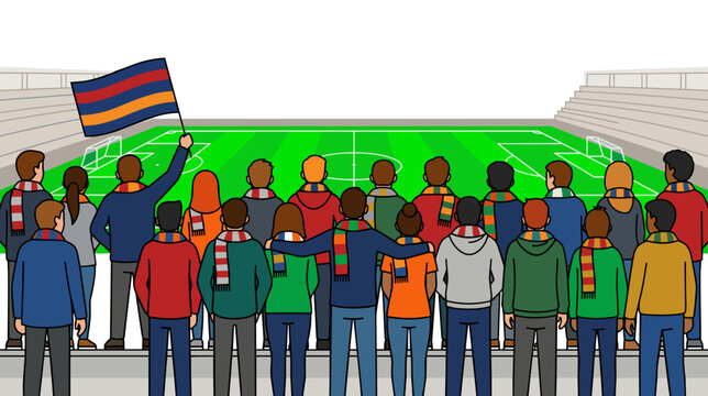 Football fans standing together overlooking green soccer pitch in stadium community support and sports loyalty concept