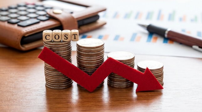 business efficiency strategies, descending stacks of coins with wooden blocks spelling cost and a red arrow