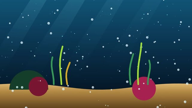 Vector illustration of underwater scene with colorful rocks and green kelp plants