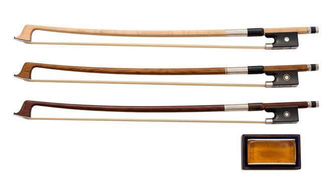 Three violin bows in maple, brazilwood and pernambuco with ebony frog and mother of pearl, plus rosin in wooden box