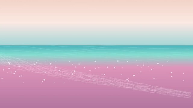Minimalist digital landscape illustration featuring pastel pink sand beach meeting turquoise ocean water under soft gradient sunset sky
