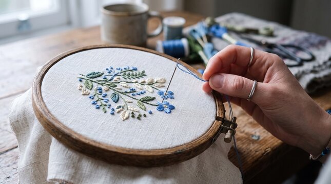 Close up of hands embroidering a floral design with blue and white flowers
