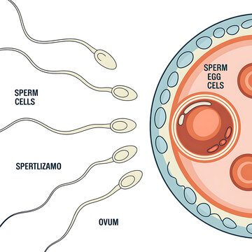 Human fertilization process diagram with sperm cells and ovum