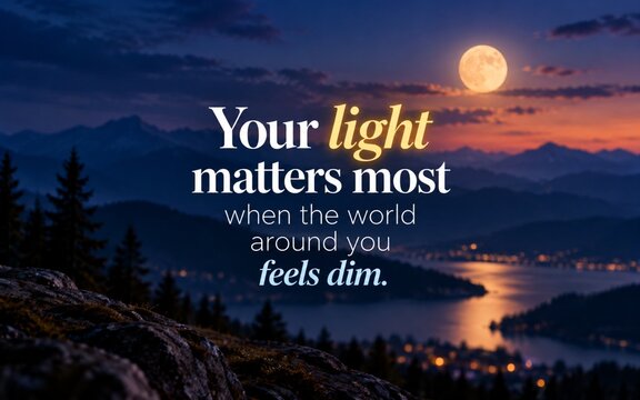 Uplifting quote &ldquo;Your Light Matters Most When the World Around You Feels Dim&rdquo; over a peaceful moonlit landscape, symbolizing hope, strength, support, and inner light.